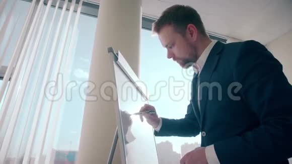 现代办公大楼的塑料写字板上写信息的商人视频的预览图