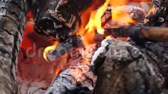 燃烧的原木上的灰烬和火焰视频的预览图