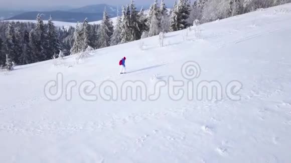 飞越孤独的旅游女孩沿着一座覆盖着雪的山顶行走晴朗的霜冻天气视频的预览图