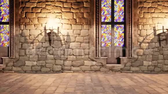 照相机穿过一座中世纪城堡的走廊无缝循环动画视频的预览图