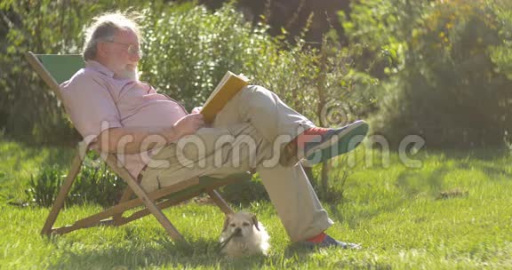 退休老人和狗在户外放松看书享受退休生活视频的预览图