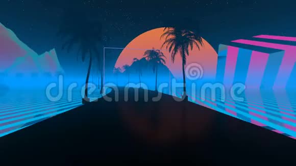 合成世界之夜道路棕榈树山脉土星环霓虹灯反波背景循环视频的预览图
