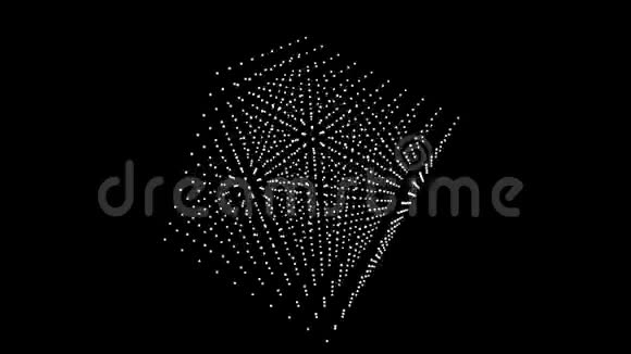 白色粒子的三维立方体在黑色背景上的对角线上旋转视频的预览图