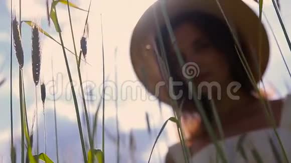 一个年轻的女孩一头乌黑的长发站在绿色的田野上视频的预览图