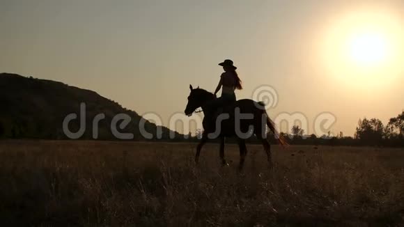 一个女人在田里骑马的剪影视频的预览图