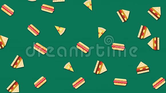 不同的快餐在绿色背景上隔离飞行无缝循环动画卡通披萨片热狗视频的预览图