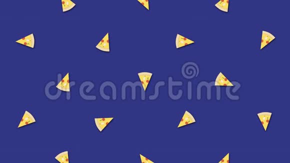 最小的运动艺术蓝色背景上美味的披萨片快餐概念动画移动的混沌切片视频的预览图