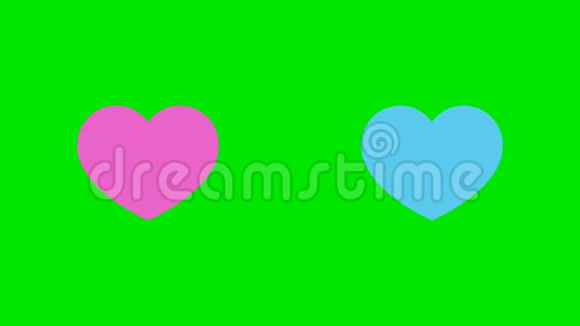 绿色背景上蓝色和粉红色心脏图标的动画视频的预览图