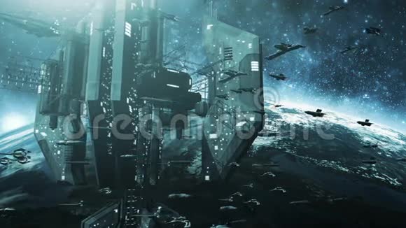 动画舰队未来主义宇宙飞船和令人印象深刻的空间站4K视频的预览图