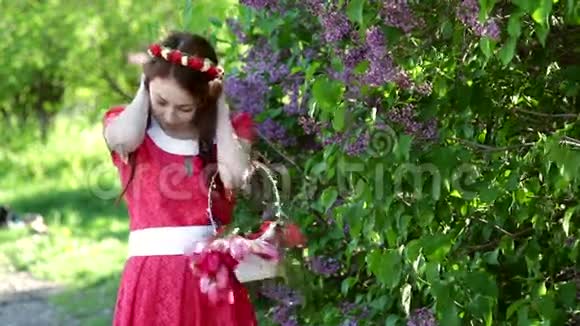一位穿着红裙子的美女在公园里的丁香花间散步视频的预览图