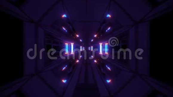 黑暗清洁未来感空间飞机库隧道走廊与凉爽反射灯3d插图运动背景视频的预览图