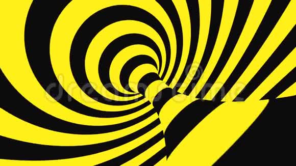 黑色和黄色的迷幻光学错觉抽象催眠动画背景螺旋几何循环警告壁纸视频的预览图
