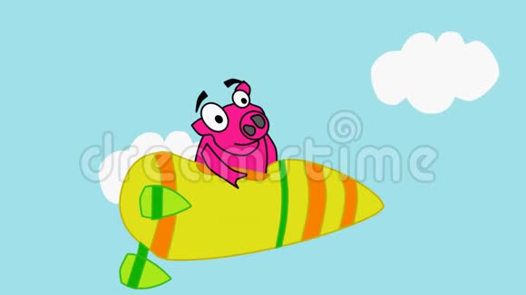 卡通动画乘飞机飞行旅游旅游获得新的有趣印象猪飞行员在车上飞行视频的预览图