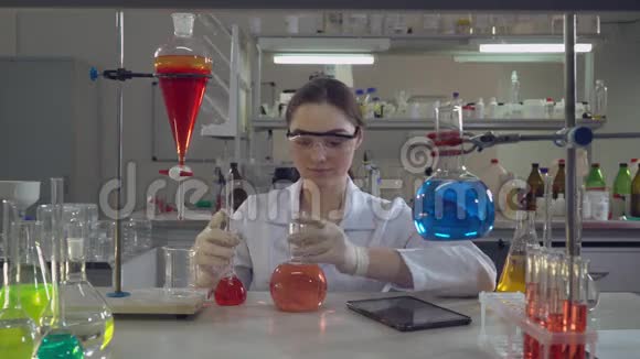 有吸引力的专业科学家在实验室里拿着烧瓶视频的预览图