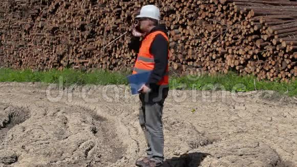 Lumberjack在木桩附近用智能手机走路和说话视频的预览图