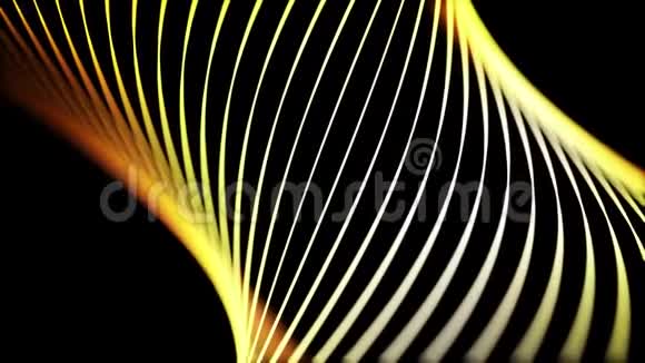 摘要黄色霓虹灯线扭曲在螺旋隧道上的黑色背景无缝环动画3D彩色狭窄视频的预览图