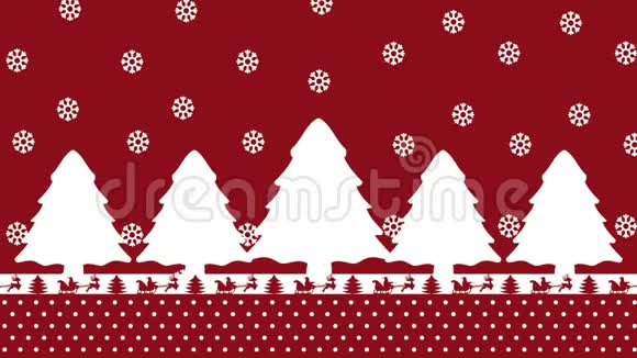 一个圣诞动画与杉树圣诞老人鹿和雪花在红色背景动画视频的预览图