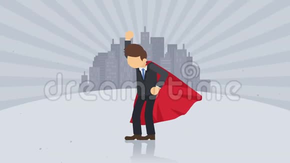 站在城市背景下的超级英雄尘埃之舞商业符号领导力和成就观漫画循环动画视频的预览图