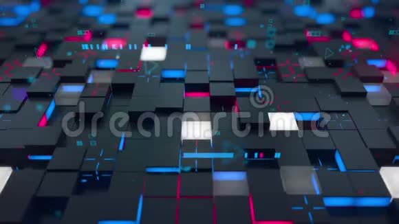 无缝回路三维数字技术概念红色和蓝色段的黑色立方体象征数据块视频的预览图
