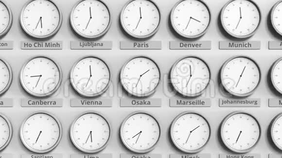 时钟显示大阪日本不同时区的时间三维动画视频的预览图