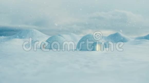 伊格洛站在冬天的风景和雪堆上大风和暴风雪3D动画视频的预览图