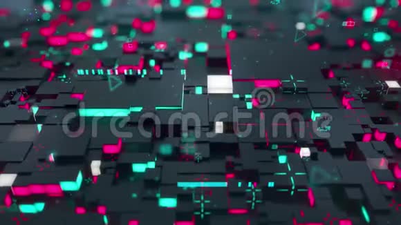 无缝回路三维数字技术概念黑色立方体与红色和绿松石段象征数据块视频的预览图
