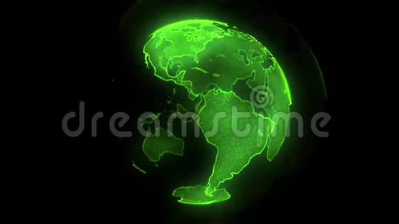 数字绿色地球旋转地球与闪亮的大陆3D动画与数字地球和粒子视频的预览图