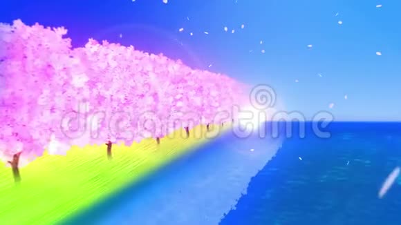 湖边樱花盛开日本传统的三仓风景优美典雅风格循环动画视频的预览图