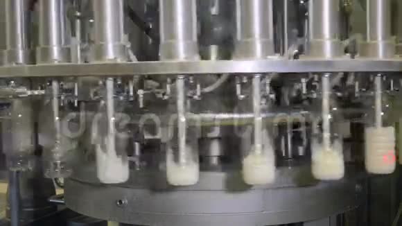 牛奶倒入牛奶生产工厂的工业设备上的瓶子视频的预览图