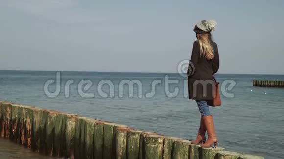 日落时分一个女人站在靠近大海的木防堤上散步海鸥在海上飞翔和游泳视频的预览图