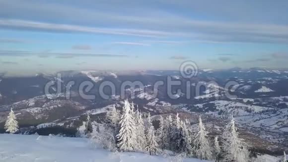 飞越喀尔巴阡山积雪覆盖晴朗的霜冻天气视频的预览图