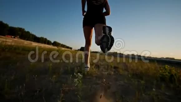 美丽的女孩在草地上奔跑视频的预览图