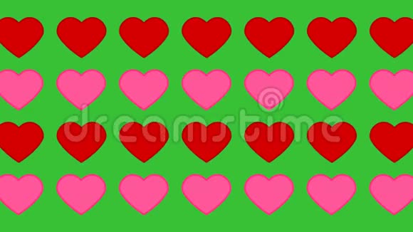 绿色背景动画上的粉色和红色心形图案视频的预览图