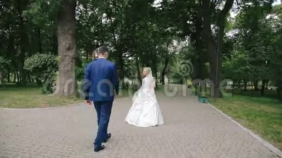 新婚夫妇在公园的小巷里散步视频的预览图