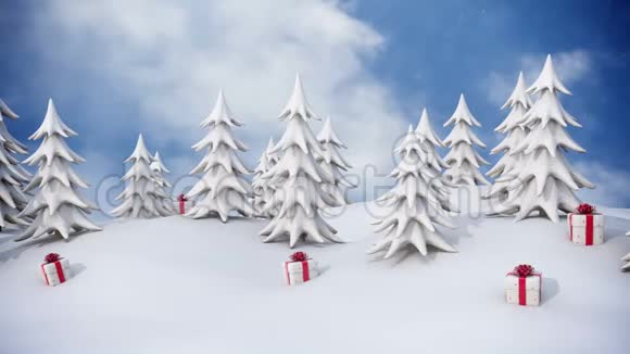 冬季背景雪松树和圣诞礼盒视频的预览图