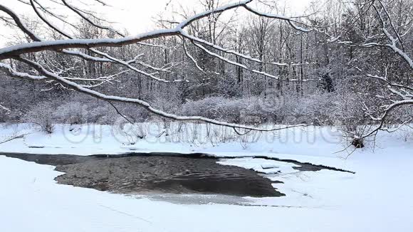 有少量开阔水域的冬季小溪视频的预览图