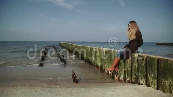 日落时分一个女人站在靠近大海的木质防波堤上散步海鸥在海上飞翔和游泳视频的预览图