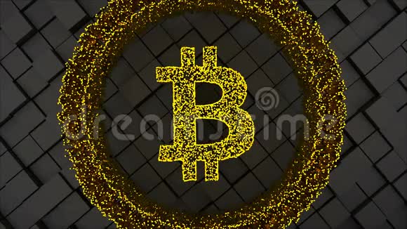 比特币硬币符号具有许多粒子和平方面计算机产生抽象技术背景视频的预览图