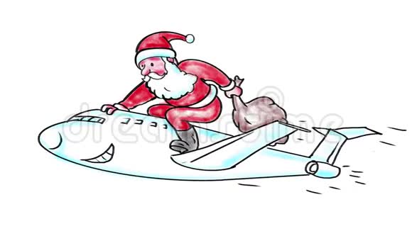 圣诞老人骑着喷气式飞机水彩画2D动画视频的预览图