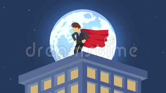 月光城的超级英雄站在摩天大楼上空商业象征领导力和挑战理念漫画循环动画视频的预览图