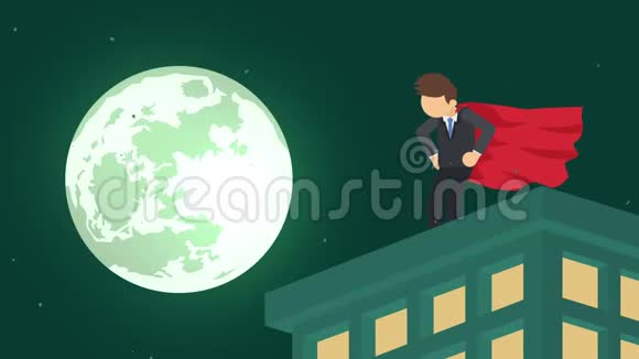 月光城的超级英雄站在摩天大楼上空商业象征领导力和挑战理念漫画循环动画视频的预览图
