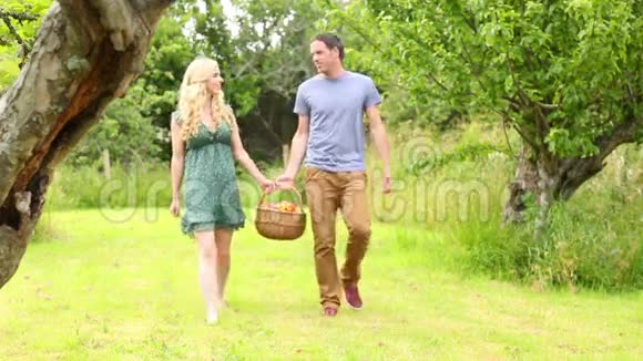 快乐的一对夫妇抱着装满苹果的篮子视频的预览图