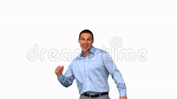 快乐的商人举起拳头在白色屏幕上视频的预览图