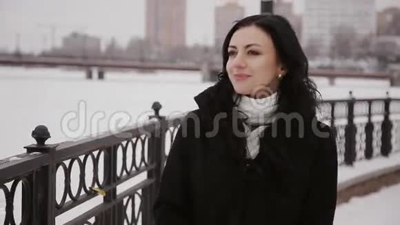 美丽的女孩穿过大桥冬天的河视频的预览图