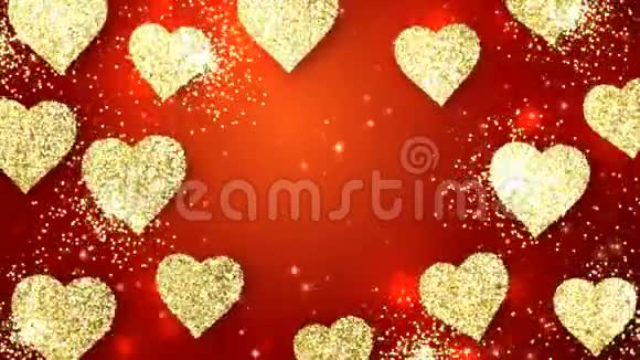 金色闪亮的心在红色的背景上闪闪发光情人节节日抽象循环动画视频的预览图