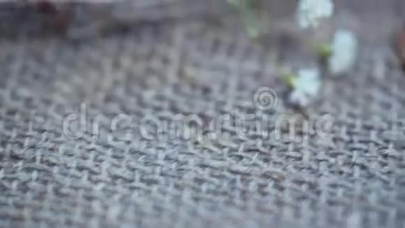 结婚戒指和亚麻背景上的花视频的预览图