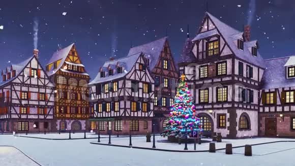 欧洲小镇的圣诞节树在雪的冬天黄昏视频的预览图