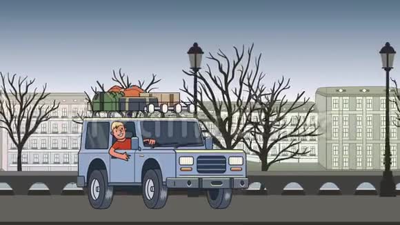 带着行李的动画车在屋顶上带着微笑的家伙在着穿过秋天的城市移动车辆视频的预览图