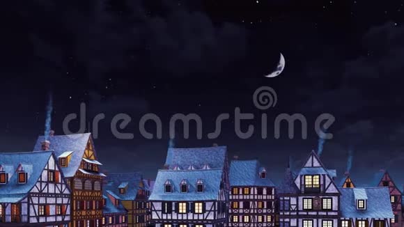冬夜中世纪欧洲小镇屋顶视频的预览图