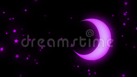 霓虹灯月亮和星星的抽象动画柔和地闪耀在黑色的背景上旋转动画美丽美丽视频的预览图